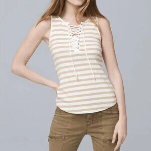 White House Black Market striped lace up white/tan metallic top size XS  NWTS